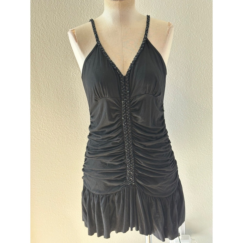 Oh Yes Womens L Black Ruched Sequin Beaded Tank Top Y2K Ruffle Hem NWT